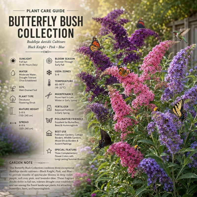 3 Assorted Butterfly Bush Live Plant, Buddleia Plant in 4-6" Tall, Grow Robust Mixed Blooms for Borders, Wildlife & Outdoor Landscapes
