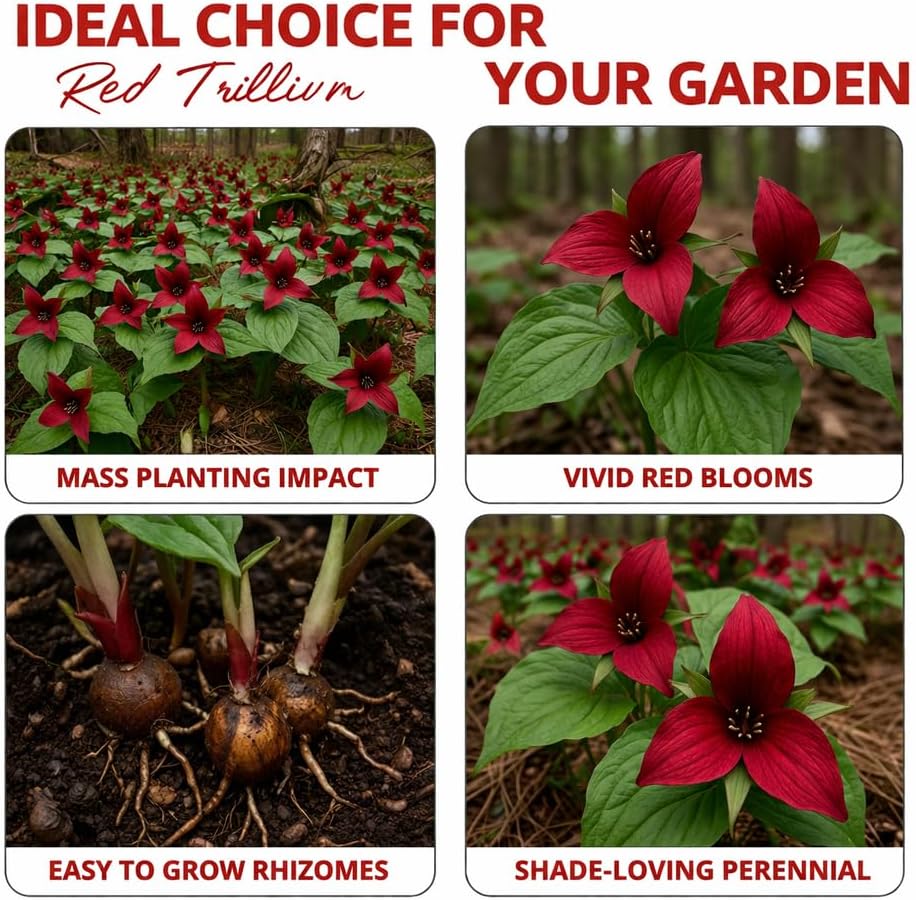10 Red Trillium Bulbs for Planting, Trillium Erectum, Easy to Grow Fragrant Woodland Garden Plant