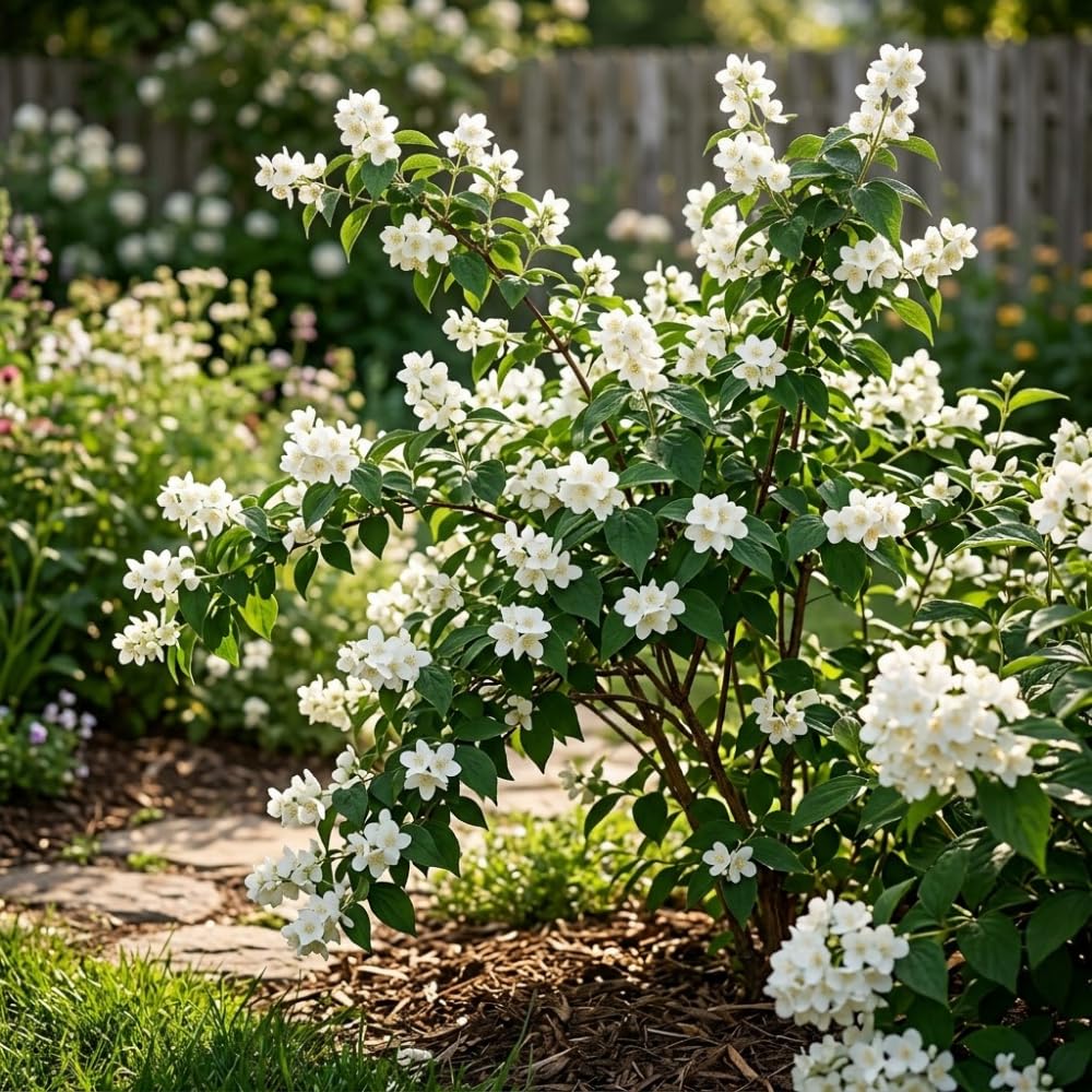 Mock Orange Shrub, 4-6" Potted Plant Starter, High-Vigor Cold-Hardy Bush for Backyard Gardens, Beautiful White Blossoms & Growth Habit