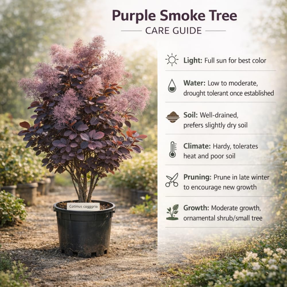 Purple Smoke Tree - Cotinus Coggygria, 4 Inch Pot - 12-18 Inch Tall, Low Maintenance Shrub with Smoky Pink Blooms