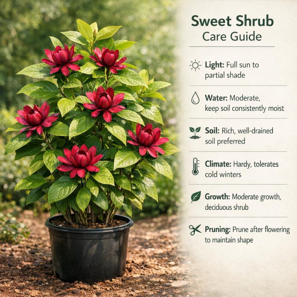 2 Sweet Shrub Live Plant, Calycanthus Floridus, 4 Inch Pot, 12-18 Inch Tall, Low Maintenance Shrub with Maroon Blooms