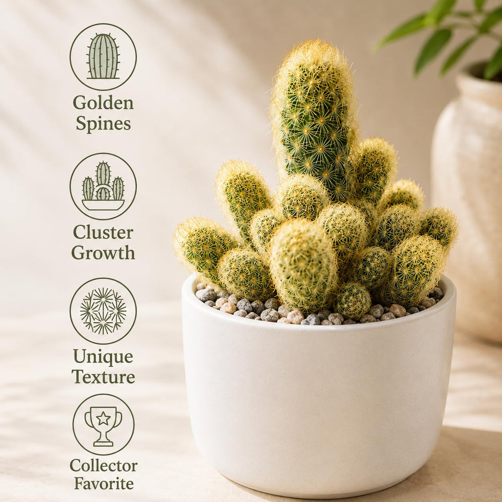 2 Live Cactus Plants Gold Ladyfinger Mammillaria Elongata, 4" Pot, Fully Rooted, Low Maintenance Rare Succulent Plant Live, Ideal for Succulent Collections & Indoor Décor