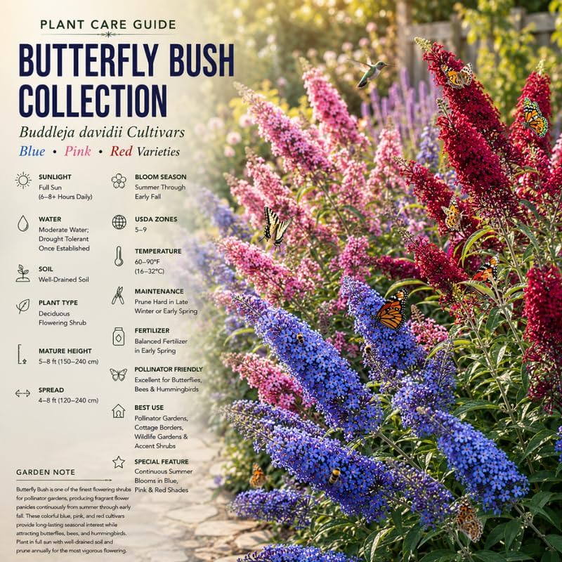 Assorted Butterfly Bush Plant Live, 3 Buddleia Plant 4-6" Tall, Well-Rooted Cold-Hardy Shrubs, Fragrant Blooms for Pollinator Gardens