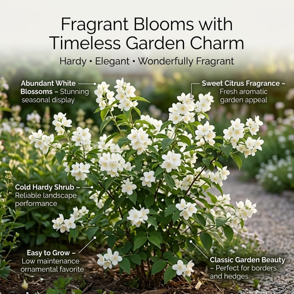 Mock Orange Shrub, 4-6" Potted Plant Starter, High-Vigor Cold-Hardy Bush for Backyard Gardens, Beautiful White Blossoms & Growth Habit