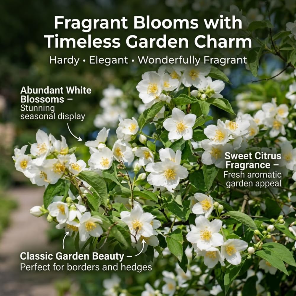 Mock Orange Shrub Live Plant, 4-6" Tall, Cold-Hardy Deciduous Bush for Home Landscapes, Sweet Citrus Scented White Spring Blooms & Low Maintenance Hedge