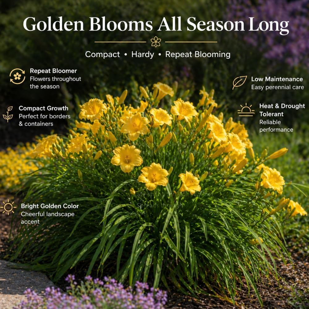 5 Stella de Oro Daylily Roots, Reblooming Yellow Perennial Roots for Garden Borders, Cold-Hardy Miniature Golden Daylily