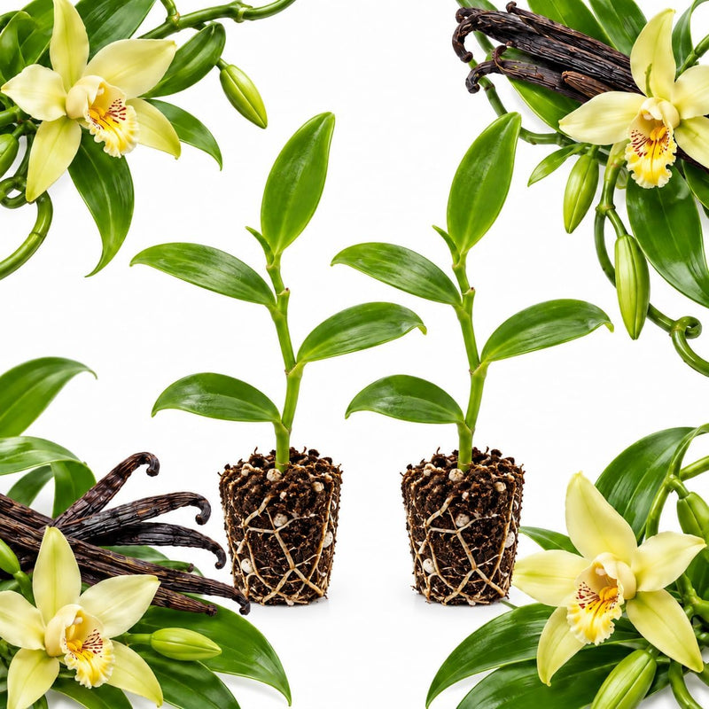 2 Vanilla Bean Plants, 4-5 Inch Tall, Well Rooted Climbing Orchid Vine, Fast Growing, Easy Care Tropical Plant
