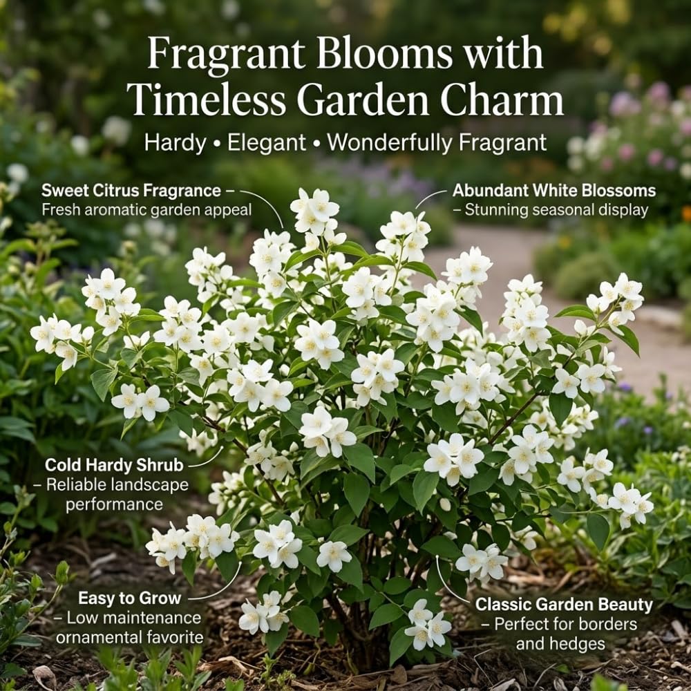 Mock Orange Plant, 4-6" Tall Shrub, Vigorous Deciduous Bush with Intoxicating Fragrance for Backyard Foundation Planting & Garden Borders