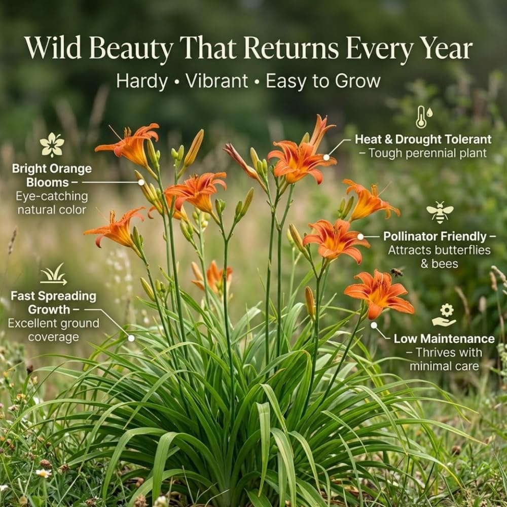 50 Wild Orange Daylily Root, Well-Rooted Tiger Daylily, Cold-Hardy Fragrant Perennial, Sturdy Ditch Lily for Sunny Backyard Landscapes