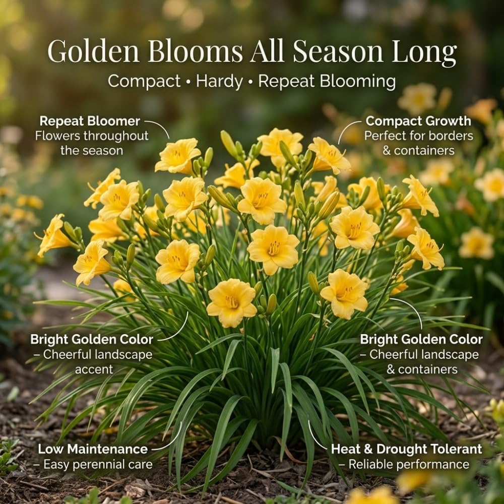 25 Stella de Oro Daylily Roots, Reblooming Yellow Perennial Roots for Garden Borders, Cold-Hardy Miniature Golden Daylily