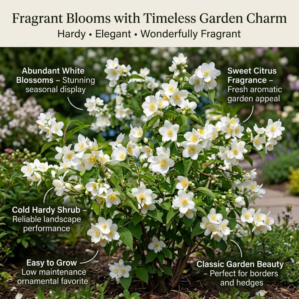 Mock Orange Shrub Live Plant, 4-6" Tall, Cold-Hardy Deciduous Bush for Home Landscapes, Sweet Citrus Scented White Spring Blooms & Low Maintenance Hedge