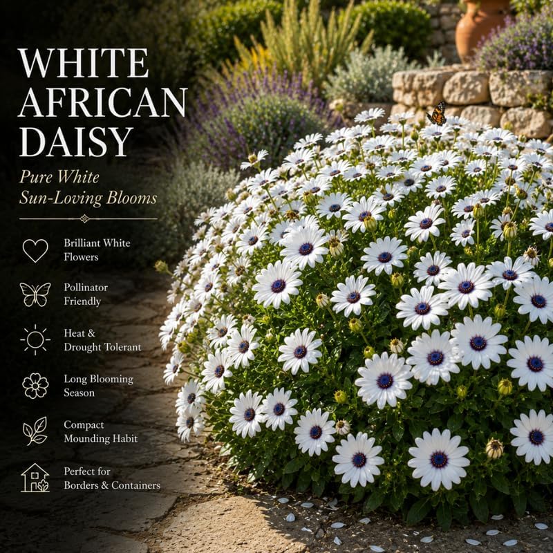 White African Daisy Live Plant in 3" Pot, White Osteospermum Blooming Potted Flower, Easy Care Plant for Garden, Balcony and Patio Decor