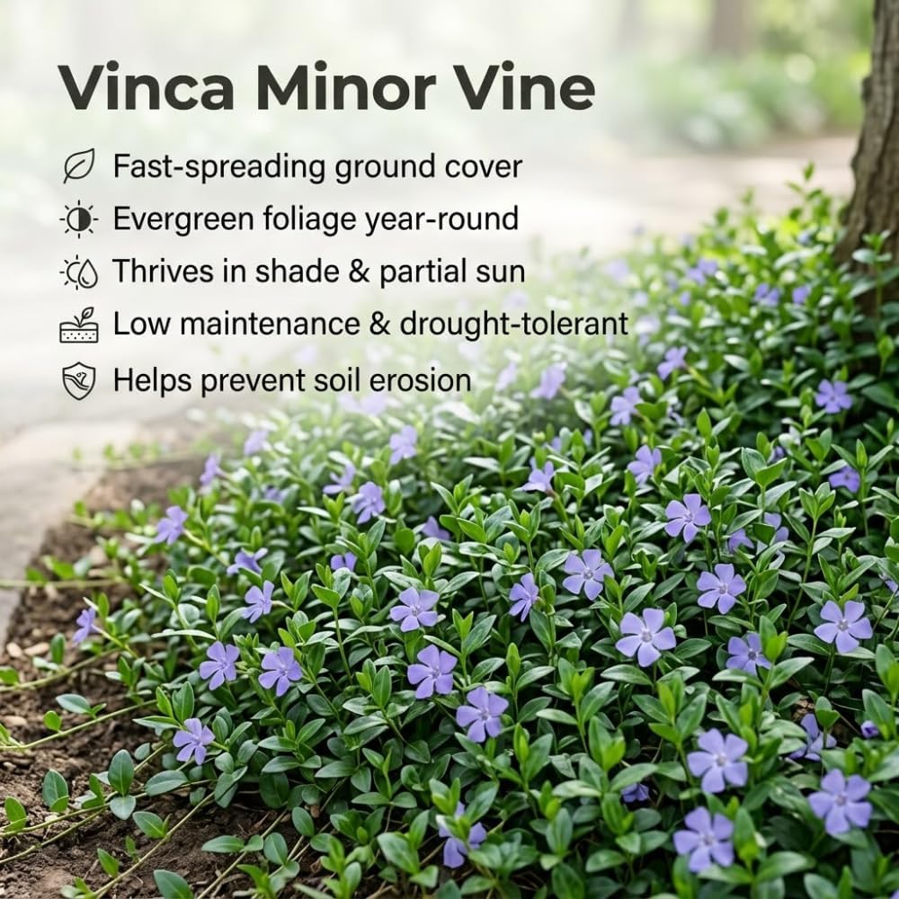 Vinca Plants - Vinca Minor, 4 Inch Size, Low Maintenance Evergreen Vine for Erosion Control and Shady Borders