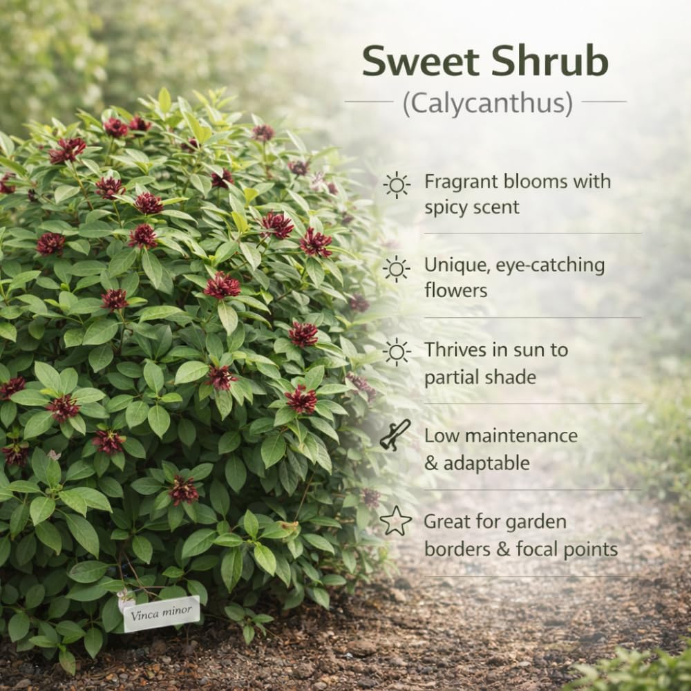 Sweet Shurb Bush Live Plant, Carolina Allspice, Well-Rooted 12-18" Potted in 4" Pot, Cold-Hardy Sweet Shrub for Home Gardens