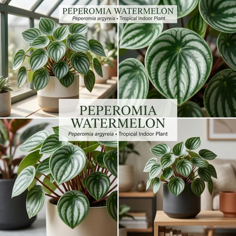 Peperomia Watermelon Live Plant, 4'' Inch Pot, Easy-Care Peperomia Live Indoor Houseplant, Attractive Peperomia Argyreia Plant for Home & Office Décor