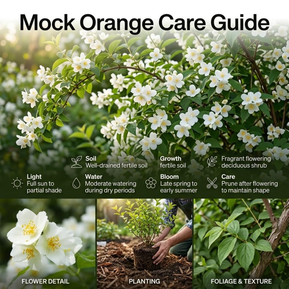 Mock Orange Shrub Live Plant, 4-6" Tall, Cold-Hardy Deciduous Bush for Home Landscapes, Sweet Citrus Scented White Spring Blooms & Low Maintenance Hedge