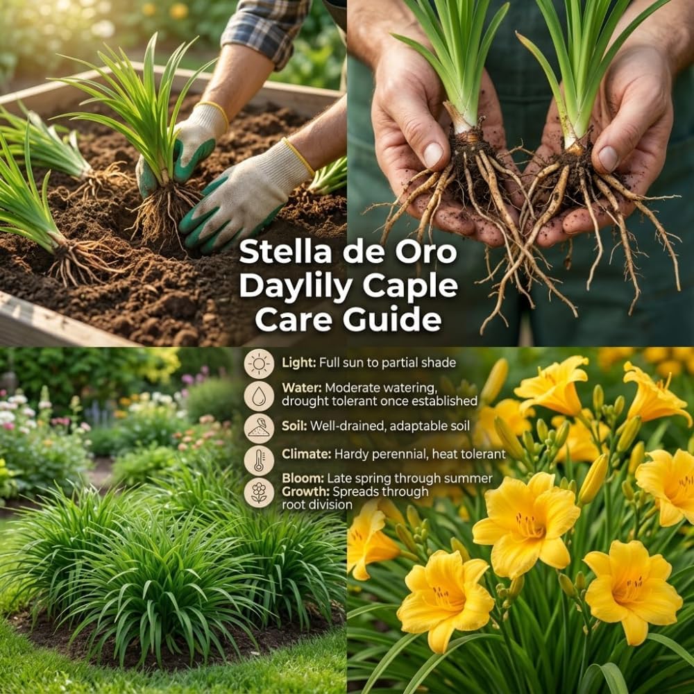 10 Stella de Oro Daylily Roots, Reblooming Yellow Perennial Roots for Garden Borders, Cold-Hardy Miniature Golden Daylily