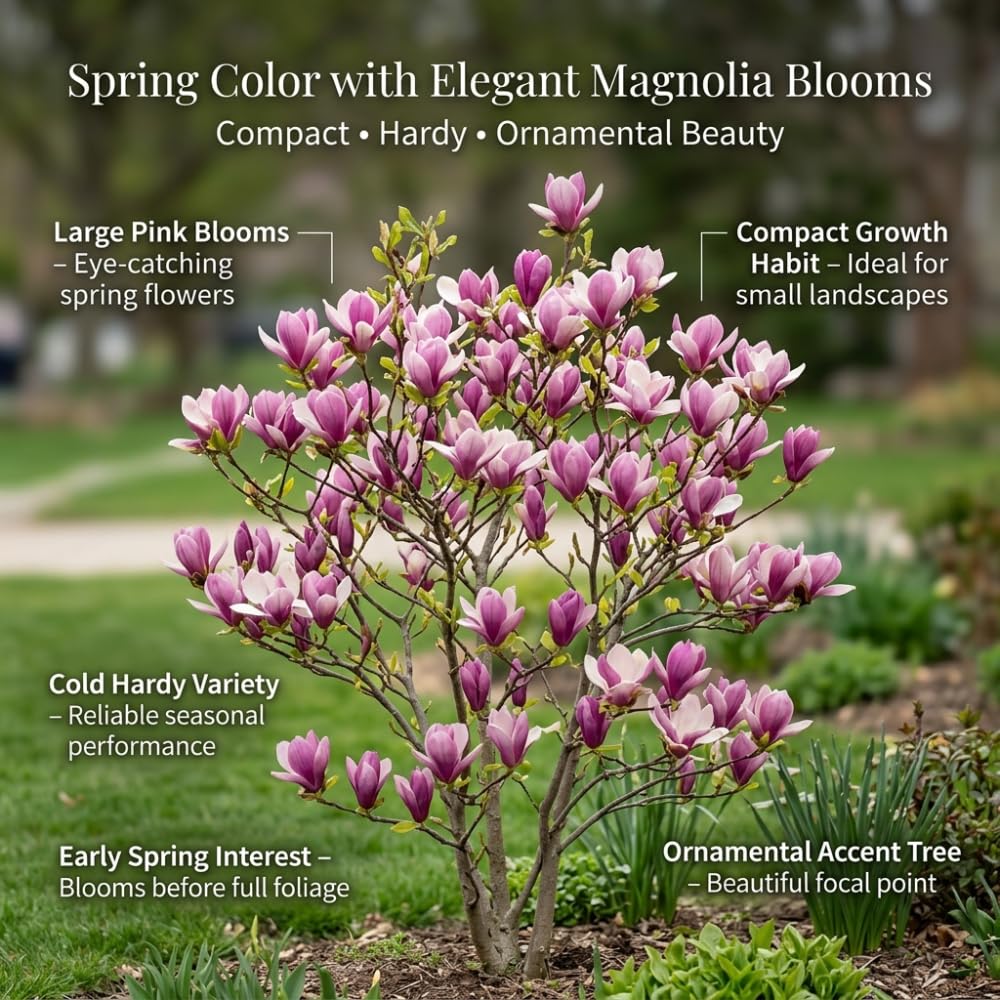 Ann Magnolia Tree Live Plant, 12-18" Potted Plant in 2.5" Pot, Cold-Hardy Early Spring Blooming Tree for Backyard and Garden Rows
