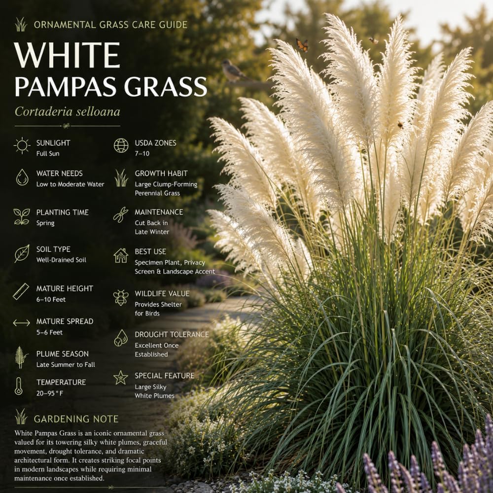 White Pampas Grass Plants, Ornamental Grasses Live Plants Perennial, 4 Inch Tall, Low Maintenance Ornamental Perennial for Patios and Outdoor Spaces