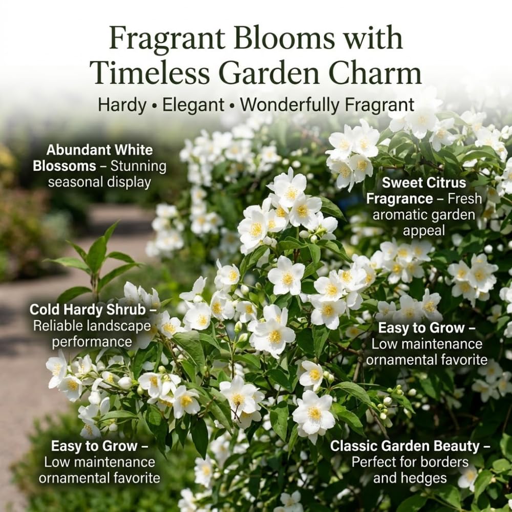 Mock Orange Shrub, 4-6" Potted Plant Starter, High-Vigor Cold-Hardy Bush for Backyard Gardens, Beautiful White Blossoms & Growth Habit