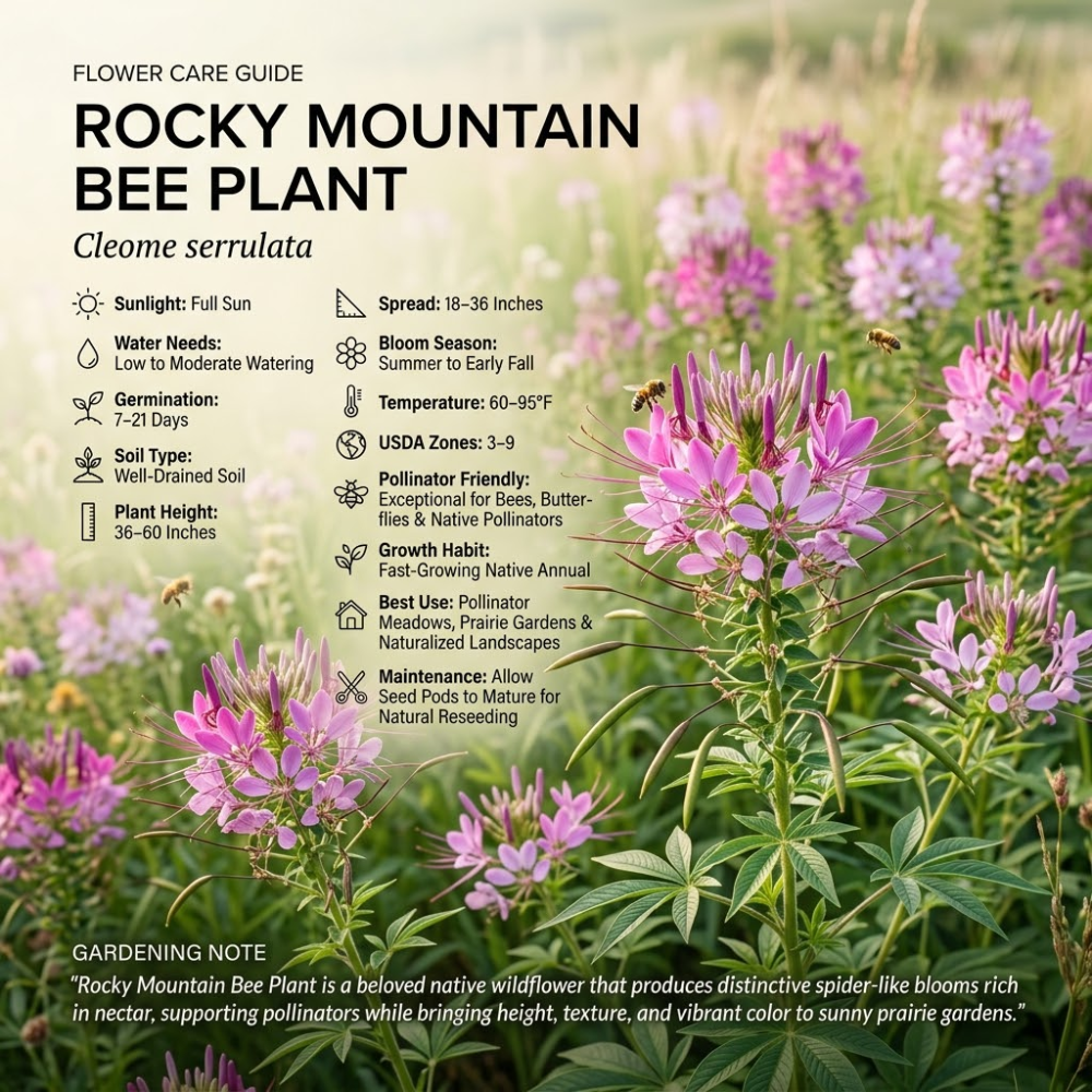 100 Pcs Rocky Mountain Bee Plant Seeds, Heirloom Spider Flowers for Planting, Fast-Growing Tall Plants for Bright Sunlit Gardens