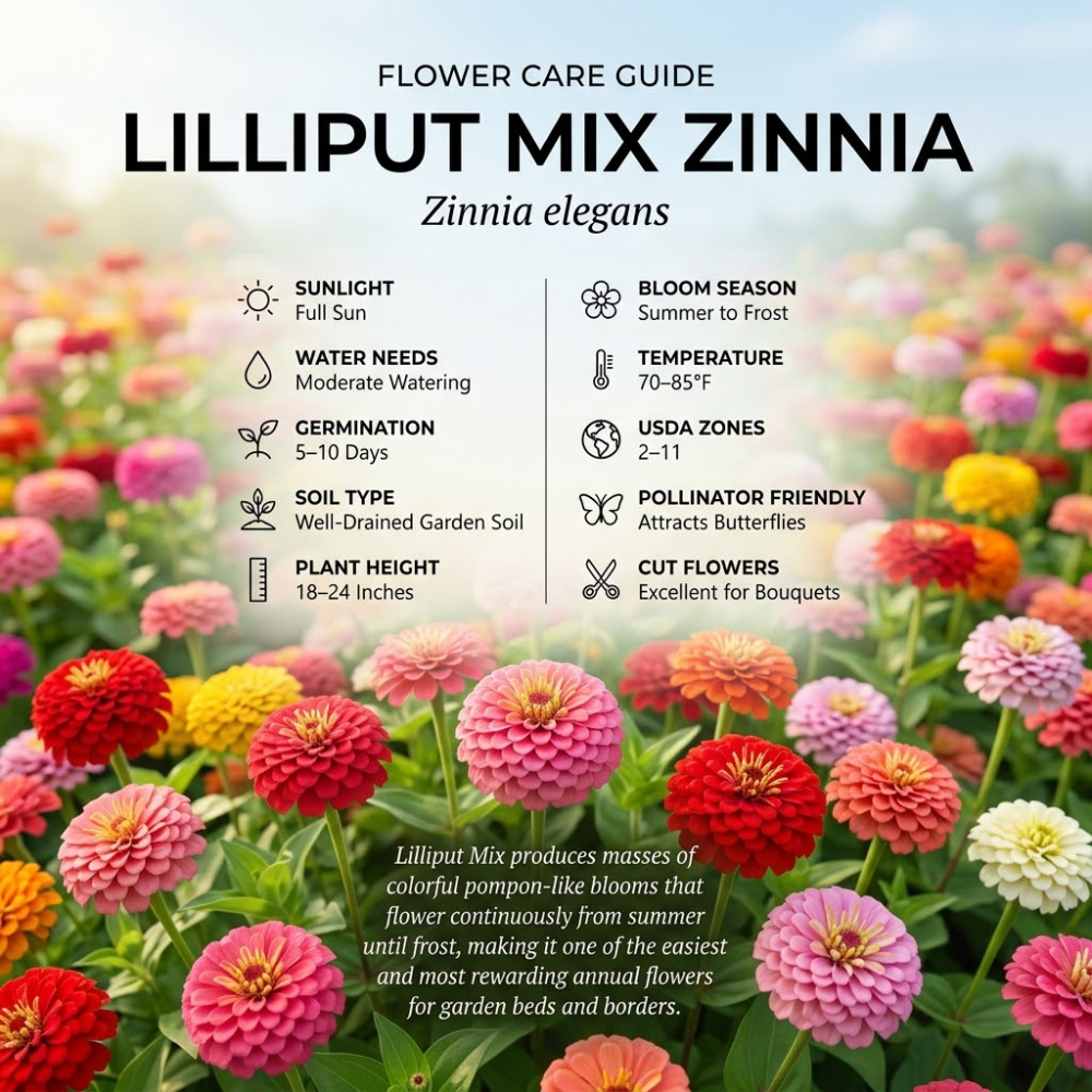 100 Zinnia Seeds, Heirloom Lilliput Mix for Planting, Robust Low Maintenance Colorful Dwarf Flowers for Sunlit Yard Borders