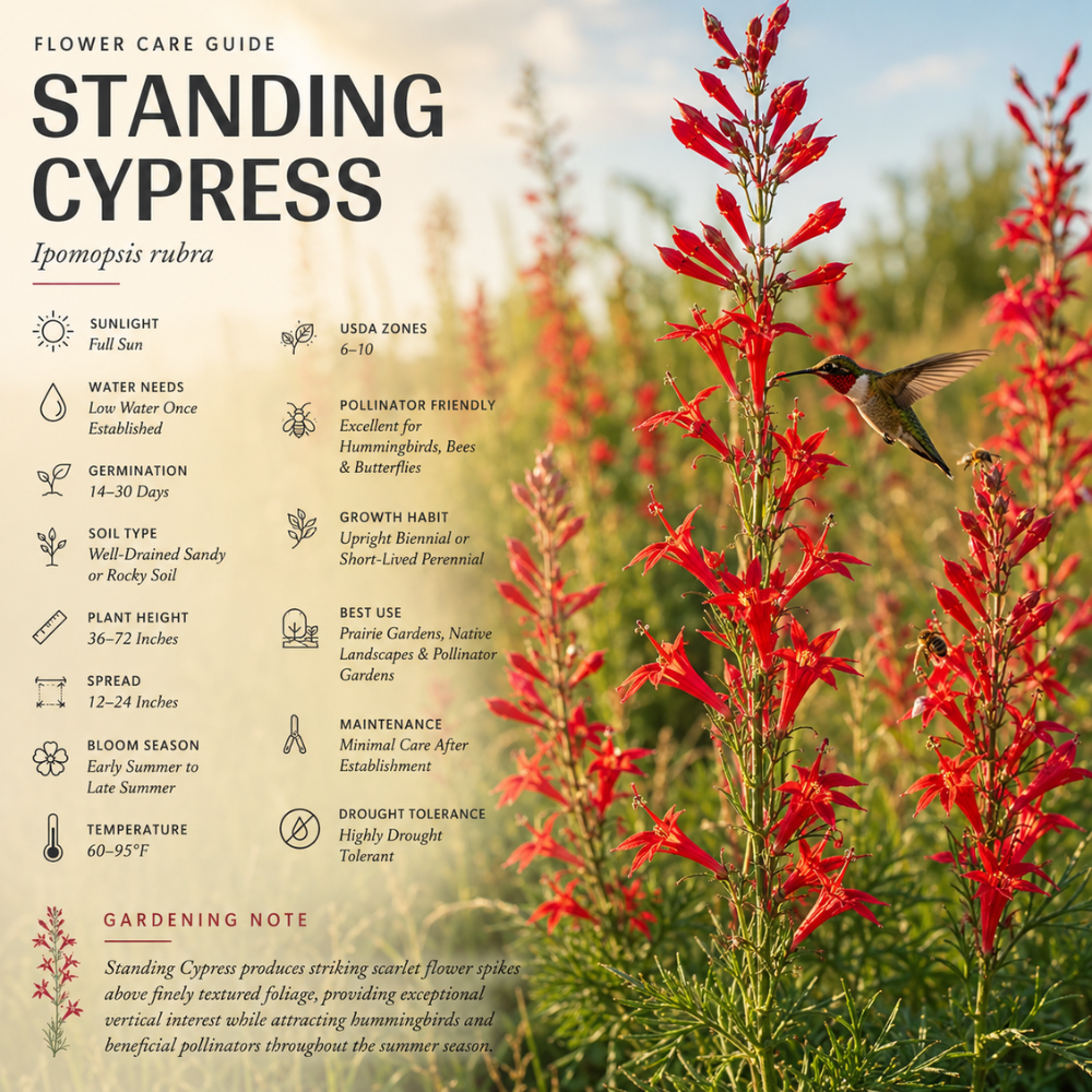 400 Pcs Standing Cypress Seeds, Heirloom Fiery Red Floral Spikes for Planting, Robust Fast-Growing Plants for Bright Sunlit Gardens