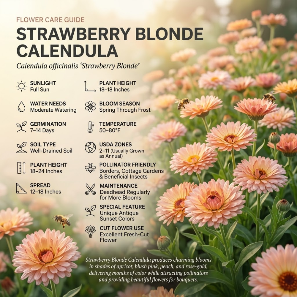 50 Pcs Strawberry Blonde Calendula Seeds for Planting Outdoors, Grow Robust, Easy to Care Pastel Apricot Blooms for Companion Gardens