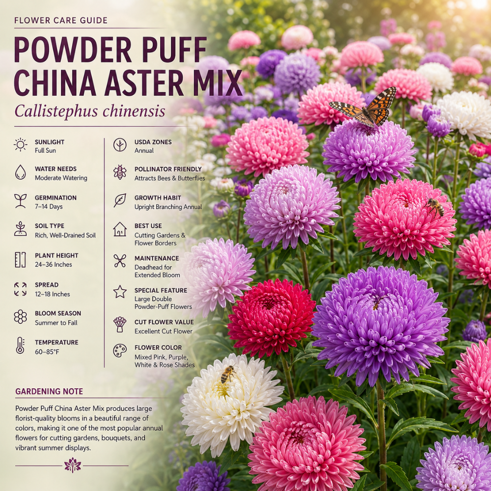 400 Pcs Powder Puff China Aster Seeds for Planting Outdoors, Grow Robust, Easy to Care Mixed Fluffy Blooms for Garden Landscapes