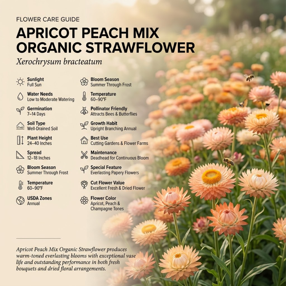 50 Pcs Organic Apricot Peach Strawflower Seeds for Planting Outdoors, Grow Robust, Easy to Care Papery Blooms for Yard Borders