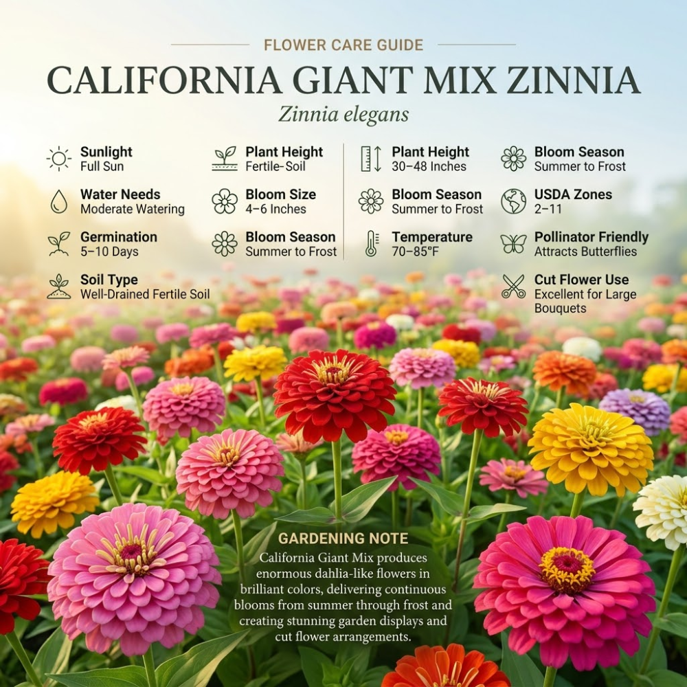 100 Zinnia Seeds, Heirloom California Giant Mix for Planting, Robust Low Maintenance Tall Flowers for Sunlit Yard Borders