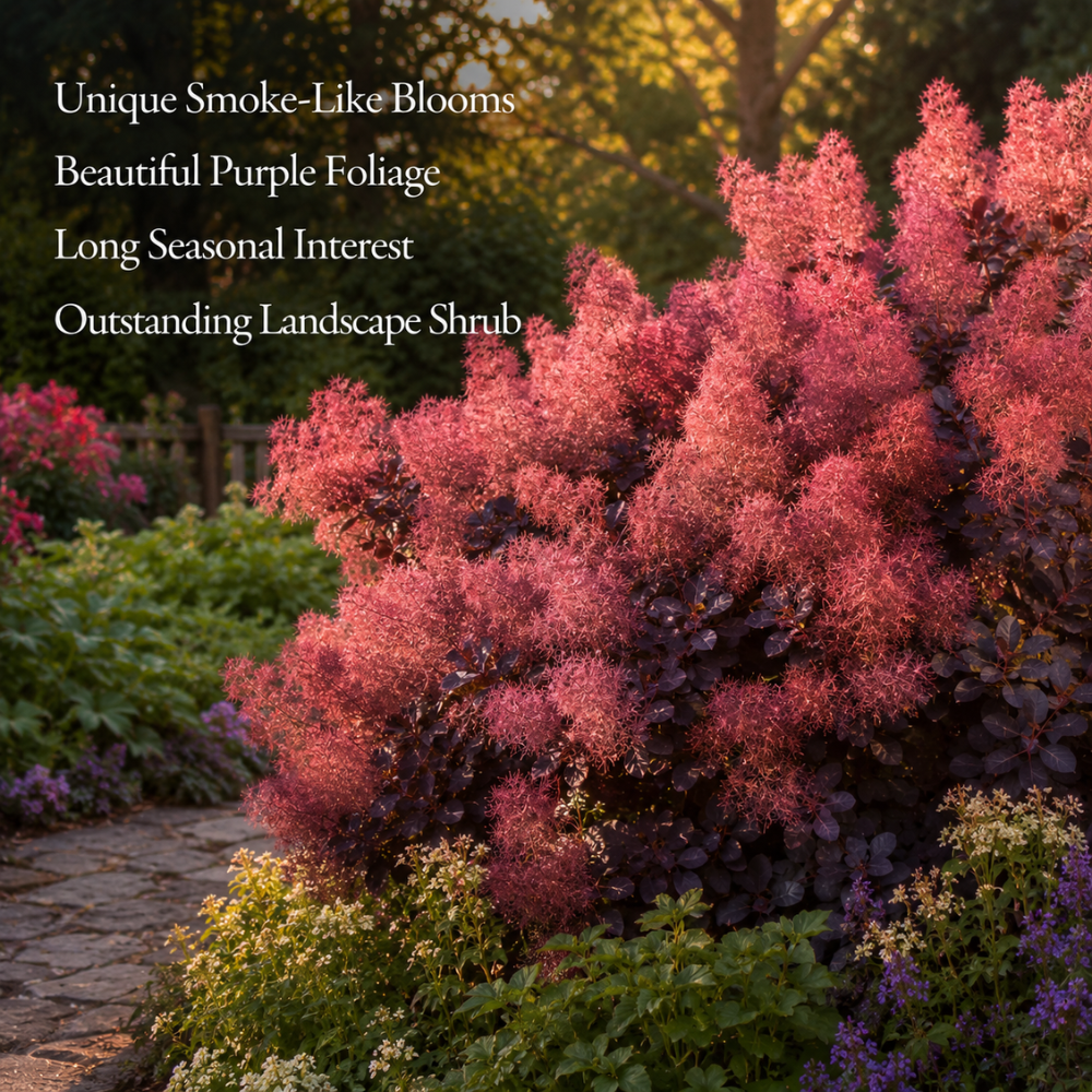 Purple Smoke Tree - Cotinus Coggygria, 4 Inch Pot - 12-18 Inch Tall, Low Maintenance Shrub with Smoky Pink Blooms