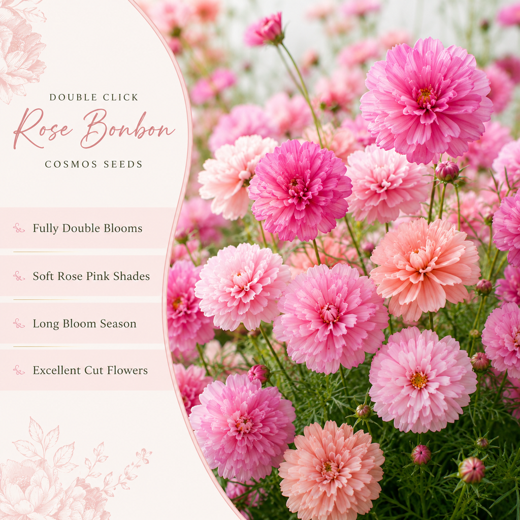 75 Double Click Rose Bonbon Cosmo Seeds, Non GMO, Fast Growing, Vibrant Pink Blooms, Ideal for Patios & Garden Accents