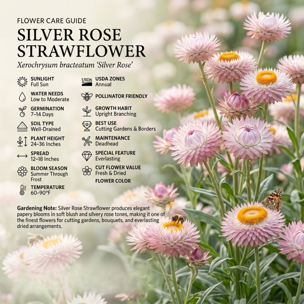 50 Pcs Silver Rose Strawflower Seeds for Planting Outdoors, Grow Robust, Easy to Care Papery Pink Blooms for Yard Borders