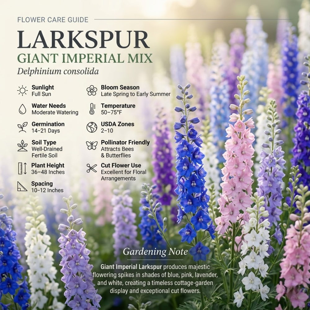 500 Larkspur Imperial Seeds, High Germination Giant Imperial Mix for Planting, Low Maintenance Tall Flowers for Sunlit Yard Borders