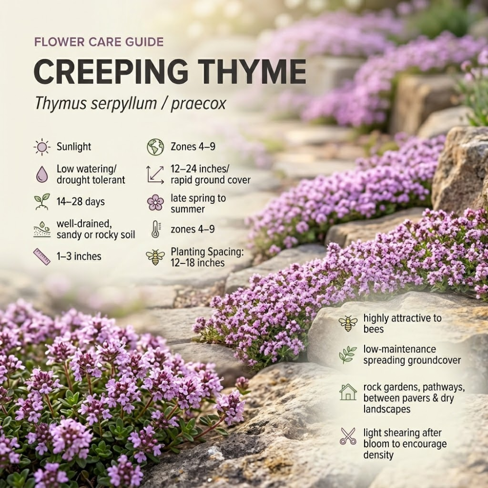 500 Pcs Creeping Thyme Seeds, Vigorous Heirloom Purple Floral Cover for Planting, Fast-Growing Perennial Plants for Bright Sunlit Yards