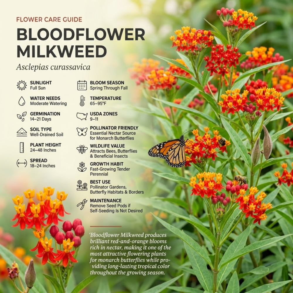 100 Pcs Non-GMO Blood Flower Milkweed Seeds, Heirloom Tropical Floral for Planting, Fast-Growing Plants for Bright Sunlit Gardens