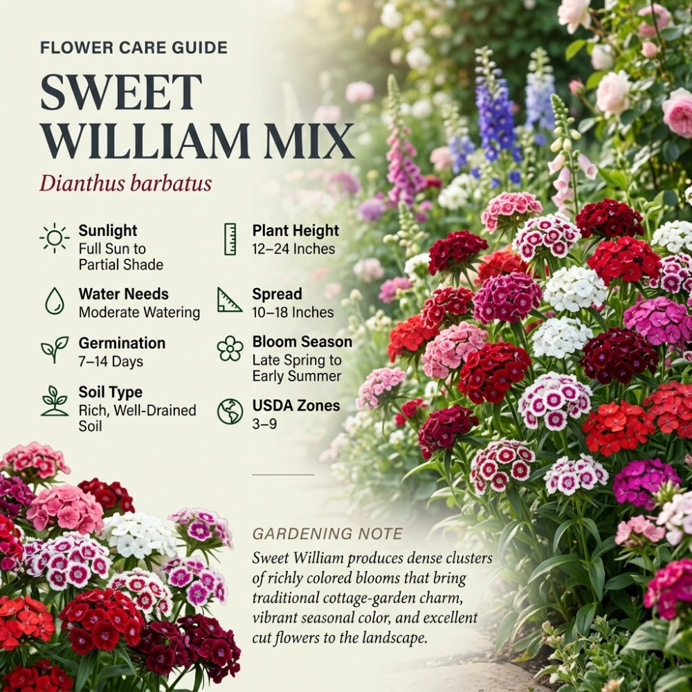 500 Pcs Mixed Sweet William Seeds Perennial for Outdoors, Adaptable Heirloom Bi-Color Blooms, Cold-Hardy Dianthus Plants for Landscapes
