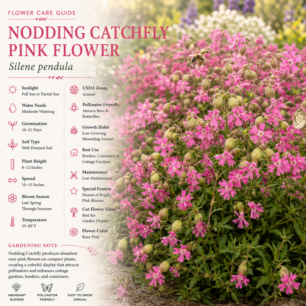 600 Pcs Pink Nodding Catchfly Seeds for Planting Outdoors, Grow Robust, Easy to Care Cascading Pink Blooms for Wildflower Meadows