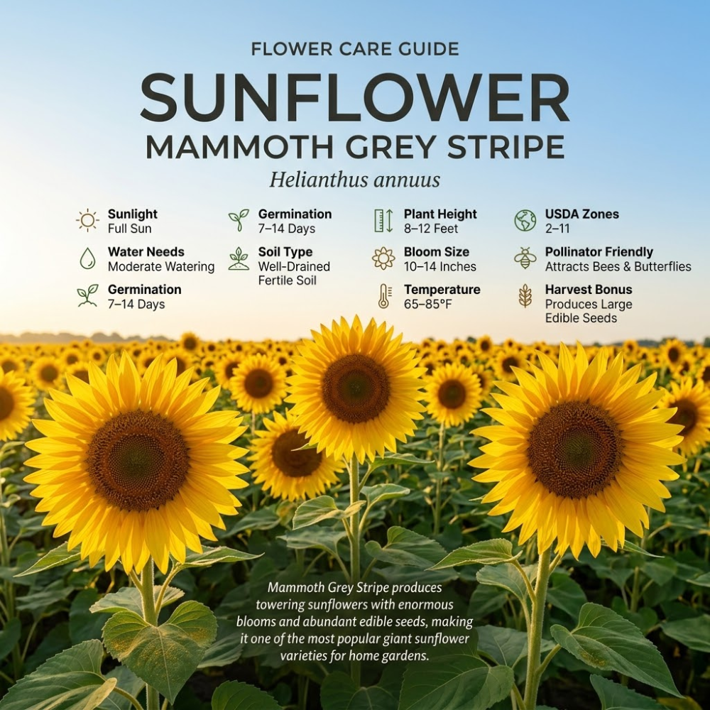 30 Mammoth Sunflower Seeds, High Germination Grey Stripe Seeds for Planting, Low Maintenance Giant Yellow Flowers for Outdoor Gardens