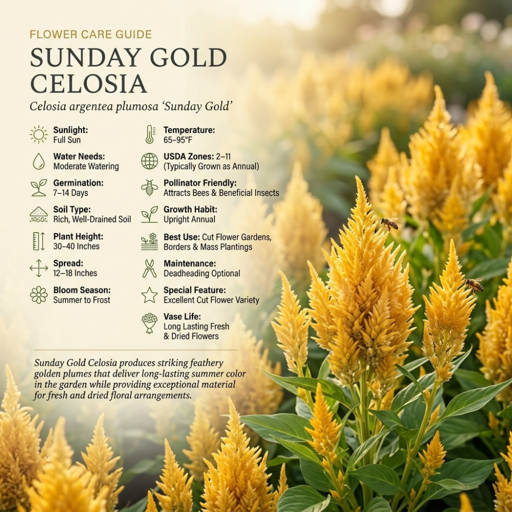25 Pcs Sunday Gold Celosia Seeds for Planting Outdoors, Non-GMO Heirloom Plumed Flowers, Low Maintenance Yellow Feathery Blooms for Yard Borders