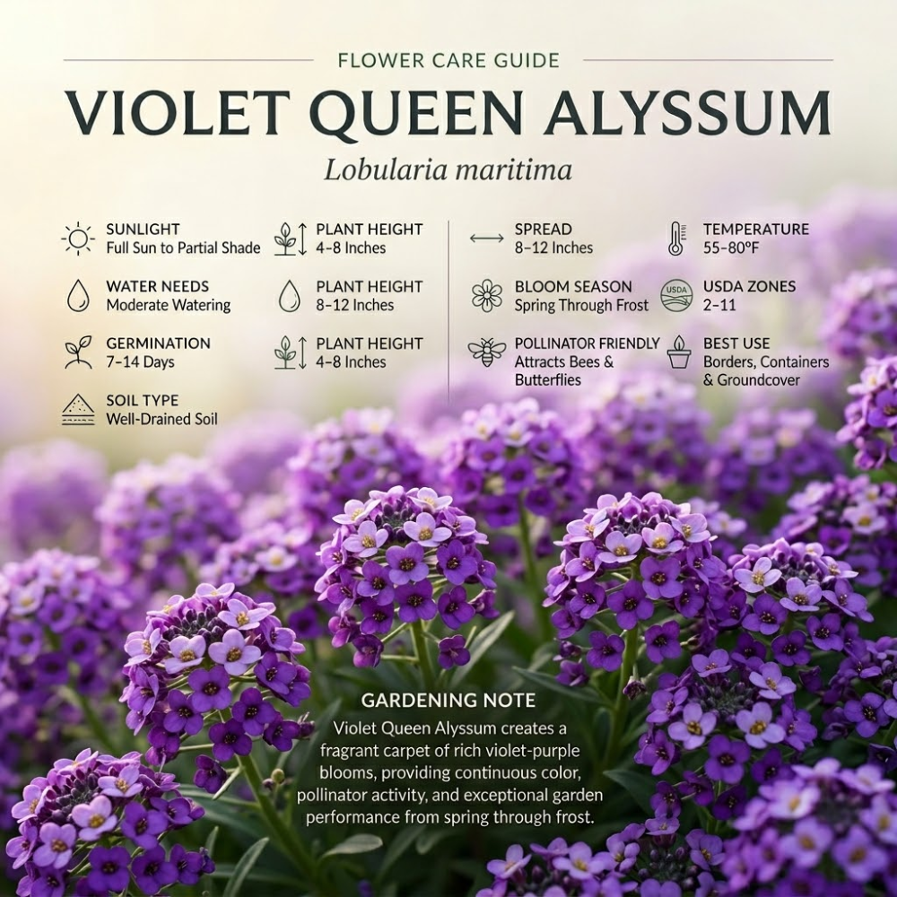 200 Alyssum Seeds, High Germination Violet Queen for Planting, Low Maintenance Trailing Flowers for Sunlit Yard Borders