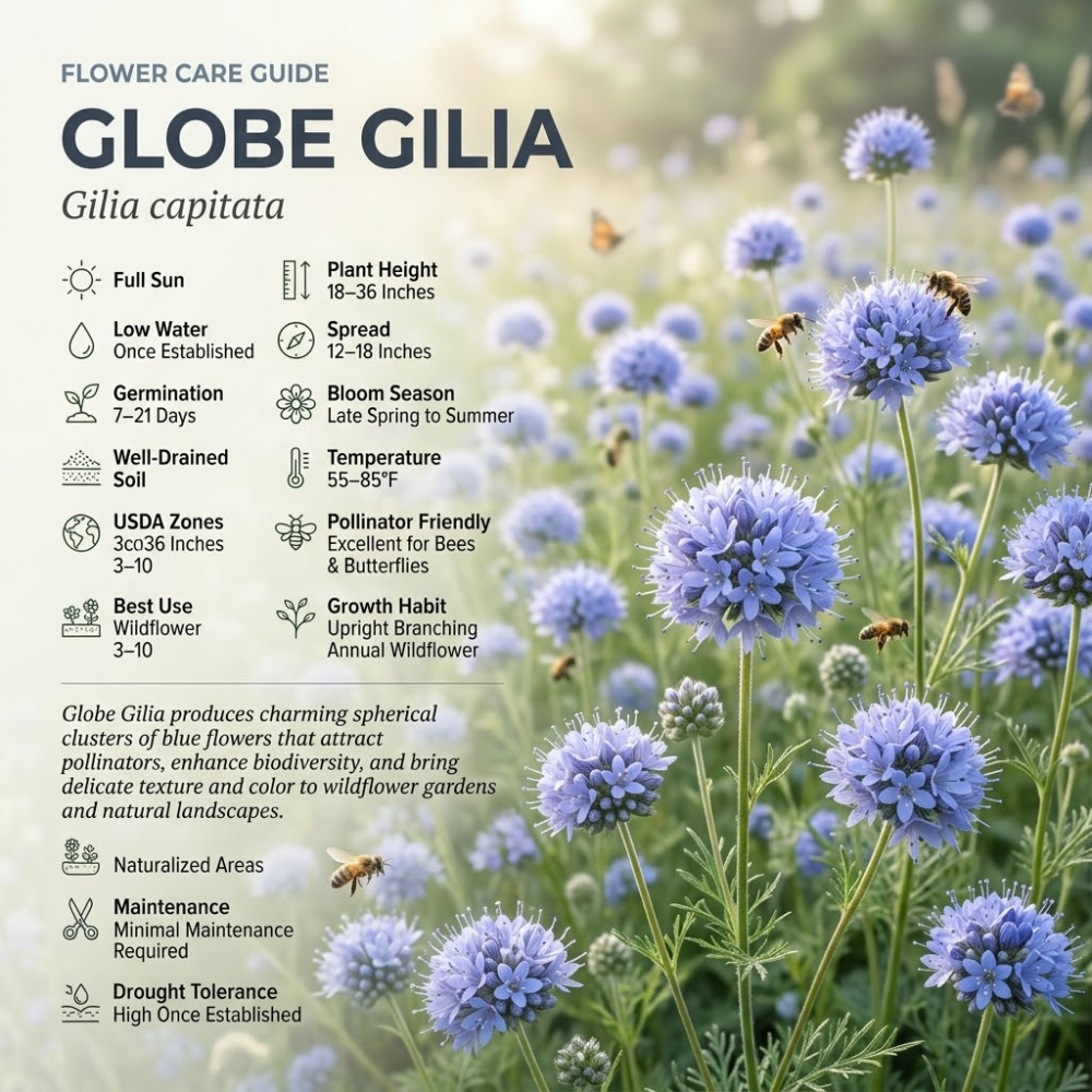 200 Pcs Globe Gilia Flower Seeds, Heirloom Blue-Headed Flowers for Planting, Fast-Growing Plants for Bright Sunlit Gardens