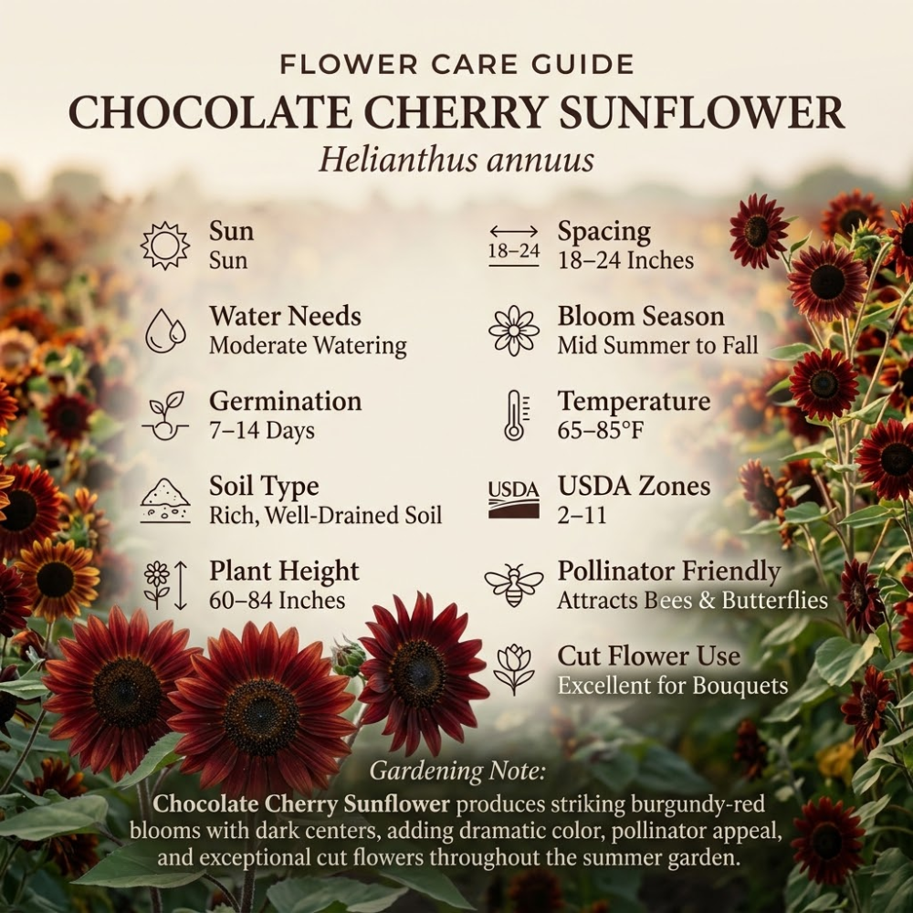 50 Chocolate Cherry Sunflower Seeds, High Germination Mix for Planting, Robust Low Maintenance Dark Velvet Flowers for Sunlit Yard Borders