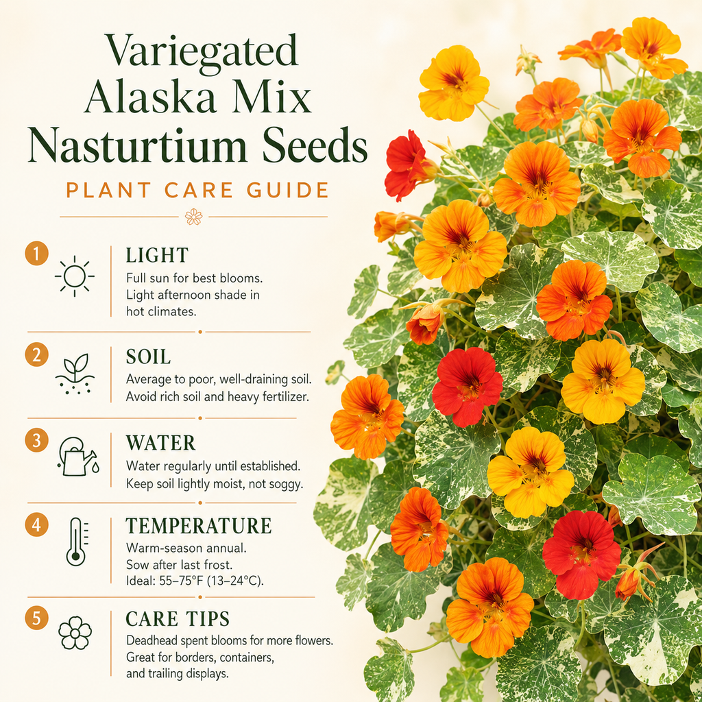 25 Variegated Alaska Mix Seeds (Tropaeolum nanum), Non GMO, Heirloom Edible Flower & Vegetable Seeds, Colorful Summer Blooms with Marbled Foliage, for Outdoor Planting