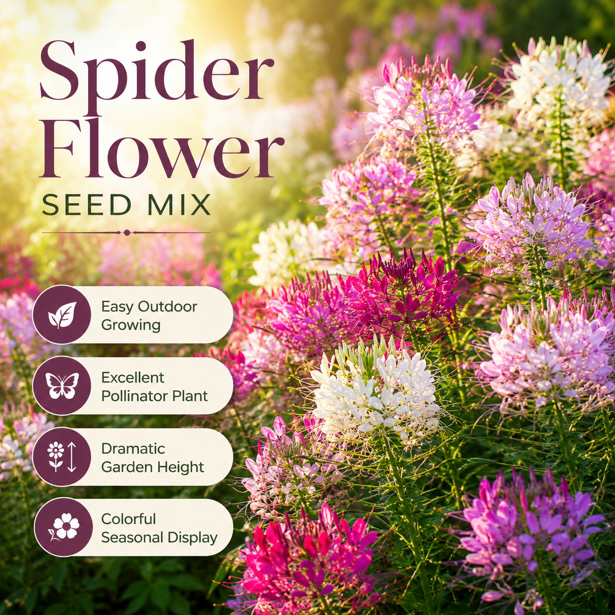 300 Spider Flower Seeds Mix, Non-GMO Cleome hassleriana Seeds, Easy to Grow Spider Lily, Annual Wildflower Seeds for Backyard Borders & Gardens