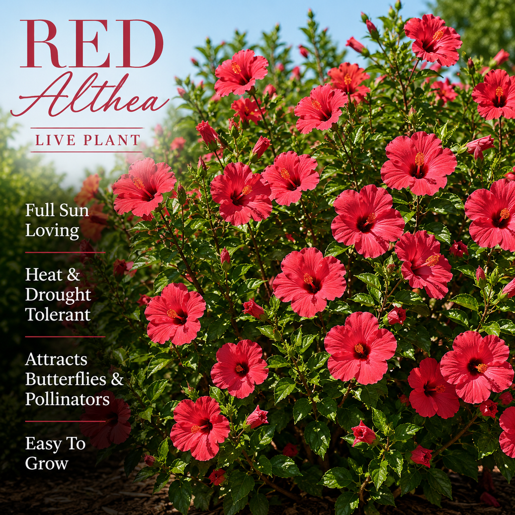 2 Red Hibiscus Althea Live Plants for Planting | 10-12 Inch Tall | Red Flowering Rose of Sharon Trees for Outdoor Gardens & Privacy Screens