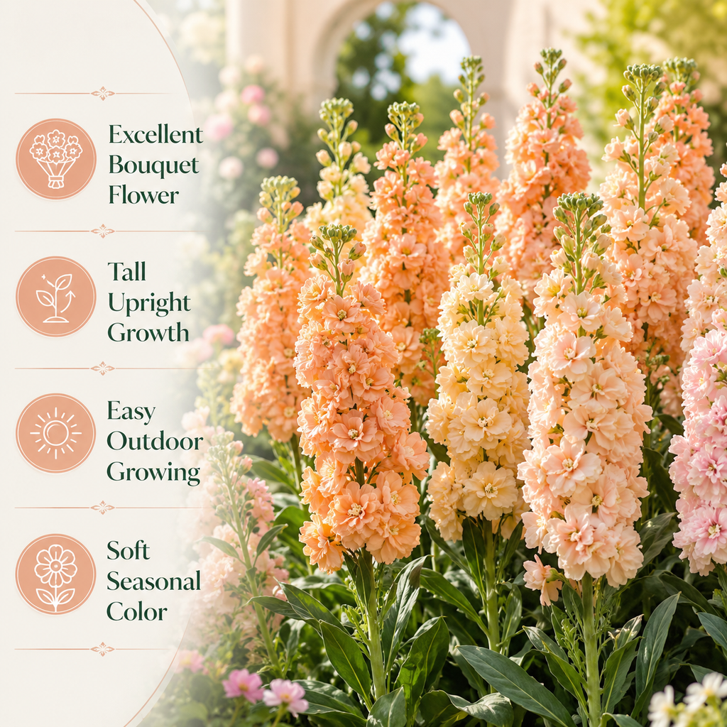 50 Katz Apricot Stock Seeds, Non-GMO Matthiola incana Seeds, Fragrant Apricot Peach Double Blooms, Ideal for Gardens, Borders & Accents