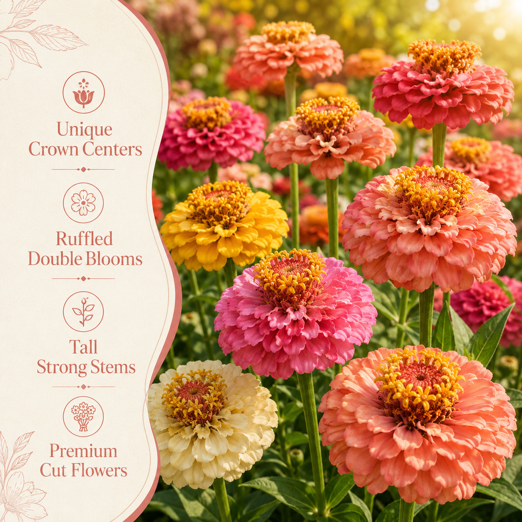 25 Crested Petal Zinnia Seeds, Non-GMO Zinnia elegans, Annual, Vibrant Ruffled Crown-Shaped, Multi-Color Flower Seeds for Cut Garden