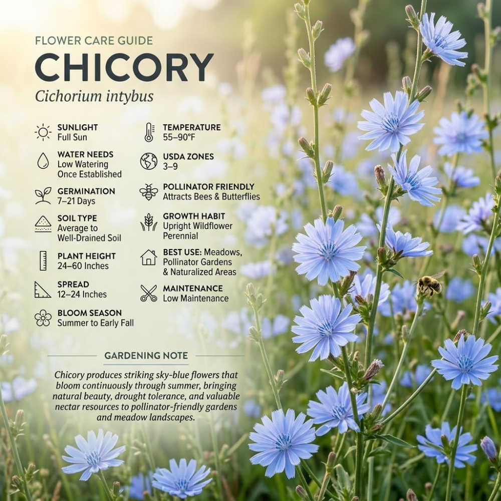 600 Pcs Chicory Seeds for Planting, Cold-Hardy Non-GMO Floral Blooms for Outdoor Gardens, Sturdy Growth with Striking Colors